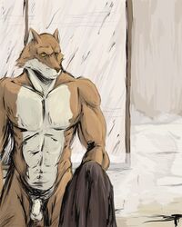 1boy abs anthro biceps bleach canine fur inutonotawamure male male_only muscles nude penis sajin_komamura shinigami solo unknown_artist wolf