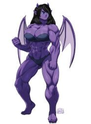 1girls abs bikini black_hair blue_eyes bra breasts character_request cleavage commission demon demon_wings female female_focus female_only hi_res horns long_hair muscles muscular muscular_female muscular_thighs original original_character panties pointy_ears purple_bikini purple_body purple_skin solo tovio_rogers white_background wings