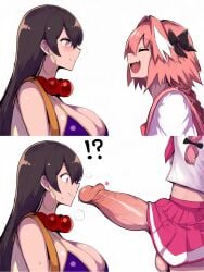 !? 1boy 1girls ai_generated astolfo_(fate) astolfo_(fate/apocrypha) balls big_breasts big_penis black_hair blush breasts closed_eyes earrings erection fate/grand_order fate_(series) femboy femboy_on_female femboydom happy heart hoop_earrings huge_cock huge_penis hung_trap imminent_oral imminent_sex long_hair necklace otoko_no_ko penis penis_awe penis_under_clothes penis_under_skirt pink_eyes pink_hair sailor_collar school_uniform serafuku shocked skirt skirt_lift smile straight sweat testicles trap twintails two_panel_image white_skin xuangzang_sanzang_(fate) xuanzang_(fate) xufuta_ai