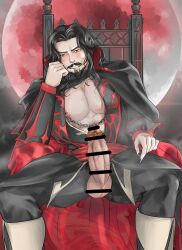 1boy black_hair castlevania castlevania_(netflix) censored chair clothed clothing dilf dracula dracula_(castlevania) erect_penis erection facial_hair goatee knar literature long_hair long_hair_male looking_at_viewer male male_only moon moustache mustache nightmare_husbando penis_out penis_through_fly public_domain red_eyes sitting solo vampire