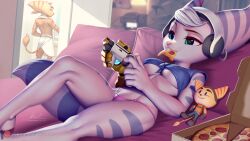 1boy1girl 1girl1boy anthro anthro_only bed big_breasts blue_eyes eating female female_focus fluffy_tail furry gamepad headphones humanoid lombax male on_bed pakwan008 panties pizza pizza_box plushie ps5_controller ratchet_(ratchet_and_clank) ratchet_and_clank rivet_(ratchet_and_clank) shirt short_hair sony_corporation sony_interactive_entertainment tail thick_thighs towel underwear white_hair