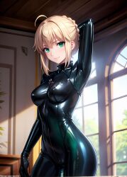 1girls 2d ai_generated armpits arms_up artoria_pendragon athletic athletic_female belly big_breasts black_bodysuit black_latex black_rubber blonde_hair braid cameltoe chest curvy curvy_figure cute cute_face detailed eyelashes eyeshadow fate/grand_order fate_(series) female female_only fit fit_female front_zipper green_eyes hand_up high_quality large_breasts latex latex_clothing latex_suit legs light-skinned_female light_skin lips lipstick long_hair looking_at_viewer makeup mascara midriff nero100 pale-skinned_female pale_skin rubber rubber_clothing rubber_suit saber seductive seductive_look self_upload single_braid spread_legs stable_diffusion suit tagme thighs