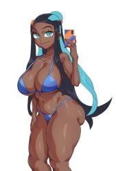 1girls alternate_breast_size bikini black_hair blue_bikini blue_eyes breasts dark-skinned_female dark_skin female hi_res long_hair makinakid naughty_face nessa_(pokemon) nintendo pokemon pokemon_ss simple_background thick_thighs wide_hips