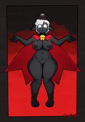 anthro bell bell_collar black_body black_nipples border bovid breasts cape cape_only caprine clothing collar criminalbunnydraws crown cult_of_the_lamb curled_hair eyelashes female floating genitals glowing glowing_eyes hair headgear hi_res horn jingle_bell jingle_bell_collar mammal mostly_nude nipples pussy sheep short_hair short_horn slightly_chubby small_horn solo thick_thighs white_eyes white_hair wide_hips