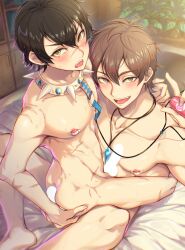 2boys absurdres akadashipopo ass bed_sheet black_hair blush brown_eyes brown_hair collar eiden_(nu_carnival) from_above gay hair_between_eyes half-closed_eyes hand_on_own_ass highres imminent_penetration indoors jewelry karu_(nu_carnival) leash light_censor looking_at_viewer male_focus multiple_boys multiple_scars necklace nipples nu:_carnival nu_carnival nude on_bed open_mouth pectorals penis plant potted_plant scar sex_toy short_hair sitting sitting_on_lap sitting_on_person skinny spiked_collar spikes sweat toned toned_male vibrator vibrator_on_nipple yaoi yellow_eyes