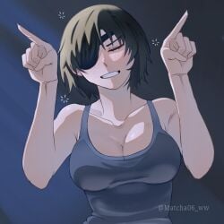 1girls 2024 2d adult adult_female arms_up artist_request big_breasts black_hair blush breasts chainsaw_man cleavage closed_eyes clothed clothed_female clothing dark_background drunk drunk_female eyepatch fair-skinned_female fair_skin female female_focus female_only head_tilt himeno_(chainsaw_man) human human_female human_only index_finger_raised light-skinned_female light_skin mappa matcha06_ww no_sex pointing realistic_breast_size short_hair smile solo solo_female solo_focus straight_hair teeth tilted_head upper_body white_skin wholesome young_woman