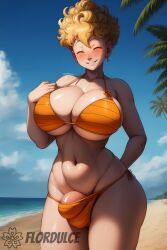 ai_generated beach bikini blonde_hair blush bulge bulge_through_clothing cleavage closed_eyes covered_penis dragon_ball dragon_ball_z flaccid flordulce futa_only futanari gilf happy mature mature_futa milf orange_bikini outdoors palm_tree panchy panchy_(dragon_ball) panchy_briefs penis_bulge sand smile solo_futa standing water