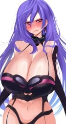 1girls bare_midriff bare_shoulders blush breast_focus breasts cleavage collar elbow_gloves goddess huge_breasts iris_heart light-skinned_female light_skin long_hair looking_at_viewer neptunia_(series) nounaikakusan open_mouth pink_eyes plutia purple_hair simple_background skimpy skimpy_armor solo