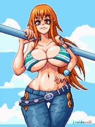 1girls 2d 2d_animation animated big_breasts big_hipped big_hips bikini_top breasts female female_focus female_only hips huge_breasts huge_hips j.raido jeans large_breasts large_hips nami nami_(one_piece) one_piece orange_hair post-timeskip shounen_jump tagme tattoo tattoo_on_arm tattooed_arm wide_hips