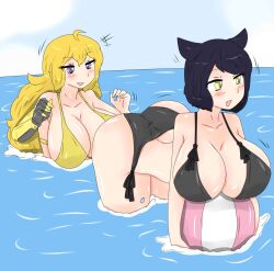 2girls beach_ball bending_over bent_over big_ass big_breasts big_butt bikini bikini_bottom bikini_top black_hair black_hair_female blake_belladonna blonde_female blonde_hair breast_bigger_than_head bubble_butt busty cat_ears fjtiko imminent_sex multiple_girls ocean purple_eyes robotic_arm rwby sneaking sneaky staring staring_at_ass water yang_xiao_long yellow_eyes zronku