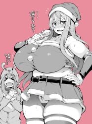 2019 2girls absurd_res bbw belly breasts christmas chubby chubby_female cup-chan curvaceous curvy elbow_gloves female_focus female_only hand_on_hip huge_breasts japanese_text kodama_amagi_(cup-chan) long_hair panties pink_background reindeer_costume santa_costume santa_hat simple_background sweat sweatdrop text thick_thighs thighhighs thighs underwear upskirt voluptuous