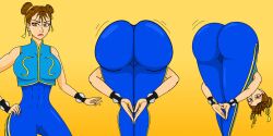 1girls ass ass_focus ass_up ass_visible_through_thighs big_ass big_breasts big_butt big_thighs blue_bodysuit blue_jumpsuit bracelets brown_hair brown_hair_female camel_toe cameltoe capcom chinese_female chun-li clothed clothed_female clothes clothing dat_ass digital_drawing_(artwork) digital_media_(artwork) earrings eyeshadow female female_abs female_focus female_human female_only hourglass_figure huge_ass huge_butt jumpsuit looking_at_viewer looking_back looking_back_at_viewer meme motion_lines praise praise_da_booty_(meme) round_ass round_body round_butt shiny shiny_ass shiny_body shiny_breasts shiny_butt shiny_clothes shiny_hair shiny_skin skyfall1999 solo solo_female solo_focus street_fighter street_fighter_alpha tagme thick_ass thick_body thick_breasts thick_hips thick_legs thick_lips thick_thighs thighs yellow_background