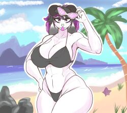 1girls 2024 2d 2d_(artwork) :p anthro anthro_only armpits beach big_breasts big_thighs bikini black_bikini black_topwear breasts busty cleavage female female_focus female_only furry furry_female furry_only goat goat_girl goat_horns hand_on_hip hi_res highres hips hourglass_figure huge_breasts huge_thighs large_breasts large_thighs midriff multicolored_hair nose_piercing original original_character purple_eyes ring_piercing smile smiling solo solo_anthro solo_female solo_focus tai_(zak_hitsuji) thick_thighs thighhighs thighs voluptuous wide_hips zak_hitsuji