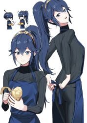 2girls alternate_costume alternate_hairstyle ameno_(a_meno0) apron ass big_ass black_pants black_sweater blue_apron blue_eyes blue_hair blue_mask blush dual_persona female female_only fire_emblem fire_emblem_awakening flying_sweatdrops food hair_between_eyes head_tilt holding holding_knife holding_plate knife long_hair long_sleeves looking_at_viewer lucina_(fire_emblem) marth_(fire_emblem_awakening) mask masked multiple_girls multiple_views nintendo official_alternate_hairstyle omelet pants plate ponytail potato ribbed_pants ribbed_sweater short_hair simple_background smile sweater tiara turtleneck turtleneck_sweater white_background