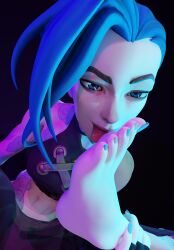 1girls 3d 3d_(artwork) arcane arcane_jinx barefoot blender blender_(software) blender_cycles blue_eyes blue_hair clothed colored_nails feet female_only foot_fetish foot_focus foot_lick foot_licking insanis_(artist) jinx_(league_of_legends) league_of_legends long_toenails looking_at_viewer self_foot_worship self_upload simple_background soles solo solo_focus toenails toes