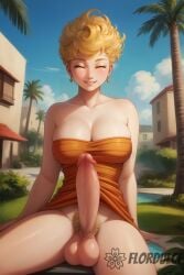 ai_generated balls blonde_hair blonde_pubic_hair bottomless cleavage closed_eyes dragon_ball dragon_ball_z erect_penis erection flordulce futa_only futa_penis futanari gilf happy mature mature_futa milf orange_shirt outdoors panchy panchy_(dragon_ball) panchy_briefs penis pubic_hair shirt sitting smile solo_futa strapless testicles