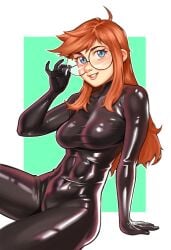 1girls abs adjusting_glasses big_breasts bodysuit freckles ginger glasses gray_eyes latex latex_suit light_skin long_hair muscular_female navel no_bra no_panties original_character red_hair shiny_clothes sidelocks sineprin six_pack solo thick_thighs tight_clothing