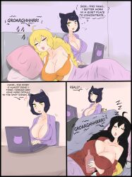 3girls black_hair black_hair_female blake_belladonna blonde_female blonde_hair cat_ears cleavage fjtiko laptop long_hair long_hair_female multiple_girls raven_branwen rwby sleeping sleepwear writing yang_xiao_long zronku