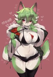 1girls anthro bikini black_bikini black_thighhighs blush choker denim_shorts english_text furry gardevoir green_hair heart hourglass_figure jacket leash leash_pull looking_at_viewer navel open_jacket paws pokémon_(species) pokemon pokemon_(species) red_background red_eyes thick_thighs thighhighs wolf_ears wolf_tail yoru_vida