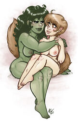 2012 2girls abs amanda_lafrenais animal_tail avengers big_breasts breasts brown_hair cuddling female female_only great_lakes_avengers green-skinned_female green_skin hulk_(series) light-skinned_female littlefroggies long_hair marvel marvel_comics multiple_girls muscles muscular_female nude_female she-hulk short_hair squirrel_girl_(marvel) squirrel_tail tail topless_female yuri