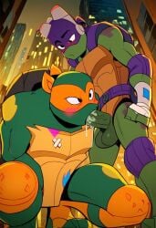 ai_generated balls biceps big_balls big_penis blowjob blush deepthroat donatello_(tmnt) erection gay male male/male male_only michelangelo_(tmnt) nickelodeon nude_male open_mouth penis penis_in_mouth rise_of_the_teenage_mutant_ninja_turtles tmnt toned_body toned_male turtle twall97