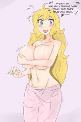 1girls arm_covers_breast big_breasts blonde_female blonde_hair breasts covering_breasts embarrassed embarrassed_nude_female fjtiko half-dressed half_naked long_hair long_hair_female navel purple_hair rwby topless topless_female towel towel_around_waist towel_slip yang_xiao_long zronku