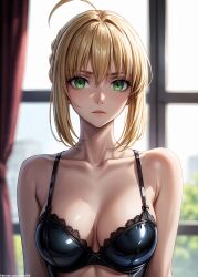 1girls 2d ahoge ai_generated artoria_pendragon athletic athletic_female bangs big_breasts black_bra blonde_hair blurry_background bra braid chest collarbone curtains curvy curvy_figure cute cute_face detailed eyebrows eyelashes eyeshadow facing_viewer fate/grand_order fate_(series) female female_only fit fit_female green_eyes high_quality indoors kday large_breasts light-skinned_female light_skin lingerie lips lipstick long_hair looking_at_viewer makeup mascara medium_breasts midriff pale-skinned_female pale_skin parted_lips pink_lips saber seductive seductive_look sidelocks single_braid skinny solo stable_diffusion tagme tied_hair underwear window