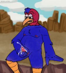 anthro avian beak bird bite biting_lip blue_sky bodily_fluids cliff cum cuphead_(game) dilf erection genital_fluids genitals lewd_latte male male_only masturbation mountain nude penis rock sky solo solo_male sweat wally_warbles