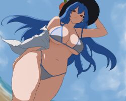 1girls 2d bare_shoulders beach belly belly_button big_breasts bikini blue_hair breasts female from_below hat hat_ornament hinanawi_tenshi hips hourglass_figure long_hair looking_at_viewer moriforest1040 open_mouth outdoors peach_(fruit) red_eyes shirt shirt_down solo source tenshi_hinanawi thick_thighs thighs touhou wide_hips