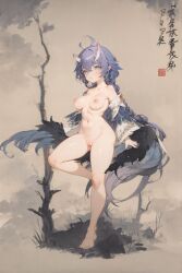 aged_up ai_generated bailu_(honkai:_star_rail) breasts honkai:_star_rail horns looking_at_viewer nude open_mouth purple_eyes purple_hair pussy