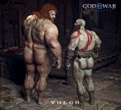 bald bald_man bara beard bedroom big_ass big_butt enormous_ass facial_hair fat_ass fat_butt fat_man god_of_war hairy hairy_ass hairy_chest huge_ass huge_butt kratos long_hair male/male male_only markings massive_ass massive_butt mature_male muscular muscular_ass muscular_male nude obese_male older_male overweight red_hair size_difference thick_ass thick_thighs thor_(god_of_war) yolco