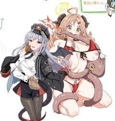 2girls ahoge bikini biting black_coat black_pantyhose black_pubic_hair black_skirt blue_archive blush breasts breasts_apart breasts_out brown_eyes brown_hair clearite coat curly_hair demon_tail demon_wings dot_nose female_pubic_hair food gehenna_academy_logo_(blue_archive) gehenna_academy_student gourmet_research_society_(blue_archive) grey_hair halo hand_up haruna_(blue_archive) hat highres holding holding_food horns izumi_(blue_archive) izumi_(swimsuit)_(blue_archive) kneeling large_areolae large_breasts long_hair long_sleeves looking_at_viewer multiple_girls navel necktie octopus open_mouth pantyhose peaked_cap pubic_hair pubic_hair_peek red_bikini red_eyes shirt simple_background skirt standing straight_hair sweat swimsuit tail tentacle uniform white_background white_shirt wings