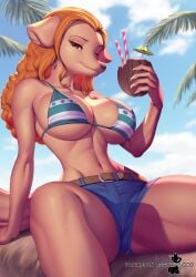 1girls anthro anthro_only big_breasts bra canine clothed clothing color dog_ears dog_girl dog_tail drink female female_focus female_only furry hi_res humanoid jean_shorts large_breasts long_hair looking_at_viewer nami_(one_piece)_(cosplay) one_piece orange_eyes orange_hair pakwan008 shounen_jump sitting sky solo solo_female tagme tail thick_thighs tree wanda_(one_piece)