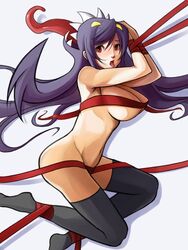 2_mouths black_hair black_legwear breasts eu03 female filia_(skullgirls) futakuchi-onna large_breasts long_hair long_tongue multi_mouth naked_ribbon nude open_mouth prehensile_hair red_eyes red_ribbon ribbon samson_(skullgirls) skullgirls solo thighhighs tongue tongue_out yellow_eyes youkai