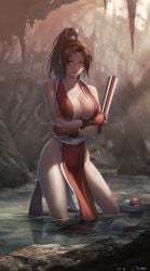 absurdres bare_shoulders breasts brown_eyes brown_hair cleavage closed_mouth commentary_request fatal_fury female folded_fan folding_fan hand_fan high_ponytail highres japanese_clothes king_of_fighters large_breasts long_hair looking_at_viewer mai_shiranui ninja no_bra no_panties no_underwear outdoors partially_submerged pelvic_curtain ponytail revealing_clothes river rope smile snk solo thighs tomo_eokaiteru water