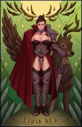 armor armored_boots balls cape chastity_cage chastity_device cleavage commissioner_upload cuckold_horns earrings exposed_nipples eyeshadow futa_only futanari gauntlets gem green_eyes hair_bun huge_breasts intense_stare jodsy livia_(zero_one) pauldrons stag swollen_balls sword