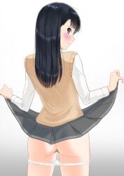 amagami ass ayatsuji_tsukasa black_eyes black_hair blush censored closed_mouth clothes_lift cowboy_shot female from_behind gradient_background grey_background grey_skirt highres kero320 kibito_high_school_uniform long_hair long_sleeves looking_at_viewer looking_back panties panty_pull pleated_skirt profile pussy school_uniform shirt skirt skirt_lift solo straight_hair sweater_vest underwear white_panties white_shirt yellow_sweater_vest