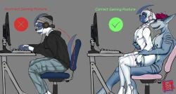 2024 2boys absol absurd_res anthro black_clothing black_topwear blade_tail blue_body blue_skin bottomwear chair chair_position clothed clothing correct_gaming_posture_(meme) curved_horn digital_media_(artwork) duo electronics eyewear facial_hair femboy from_behind_position fur furniture generation_3_pokemon glasses grey_bottomwear grey_clothing hair headphones hi_res horn hybrid keyboard legwear male mash-chan monitor nintendo nipples office_chair pokemon pokemon_(species) red_eyes red_hair sex short_hair simple_background solo thighhighs topless topless_male topwear watermark white_body white_fur white_hair yaoi zeven