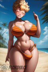 ai_generated beach bikini blonde_hair blush bulge bulge_through_clothing cleavage closed_eyes covered_penis dragon_ball dragon_ball_z flaccid flordulce futa_only futanari gilf happy mature mature_futa milf orange_bikini outdoors palm_tree panchy panchy_(dragon_ball) panchy_briefs penis_bulge sand smile solo_futa standing water