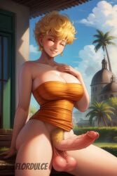 ai_generated balls blonde_hair blonde_pubic_hair bottomless cleavage closed_eyes dragon_ball dragon_ball_z erect_penis erection flordulce futa_only futa_penis futanari gilf happy mature mature_futa milf orange_shirt outdoors panchy panchy_(dragon_ball) panchy_briefs penis pubic_hair shirt sitting smile solo_futa strapless testicles