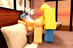 1boy 1girls 3d artist_request ass balls breasts female male penis pink_hair roblox roblox_avatar robloxian side_view source_request tagme