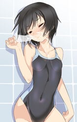 amagami bare_shoulders black_hair blade_(galaxist) blush closed_eyes collarbone competition_swimsuit cum facial invisible_penis magic_penis nanasaki_ai one-piece_swimsuit open_mouth penis short_hair solo swimsuit