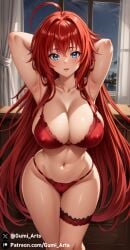 ahoge ai_generated armpits arms_behind_head big_breasts blue_eyes blush bra cleavage collarbone covered_nipples gumi_arts high_school_dxd indoors lace_trim lingerie lingerie_only lips long_hair navel night panties pov red_hair rias_gremory stable_diffusion thick_thighs window