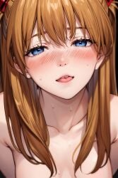 ai_generated artist_request asuka_langley_sohryu bangs blue_eyes blush breasts brown_hair collarbone completely_nude female highres ipodnano256 kissing long_hair looking_at_viewer neon_genesis_evangelion nude open_mouth orange_hair out-of-frame_censoring simple_background solo sweat tongue tongue_out upper_body