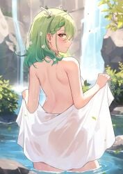 1girls antlers ardenlolo ass blush breasts ceres_fauna closed_mouth earrings from_behind gradient_hair green_hair hair_flower hololive hololive_english hololive_english_-council- hololive_english_-promise- large_breasts looking_back mole mole_under_eye naked_towel outdoors outside see-through see-through_towel solo virtual_youtuber yellow_eyes