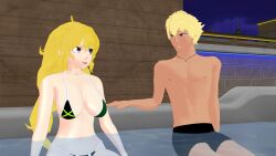 1boy 1girls bikini bikini_bottom bikini_top blonde_female blonde_hair long_hair long_hair_female purple_eyes rwby sun_wukong_(rwby) swimming_trunks tan_body theblackbirdcalls yang_xiao_long