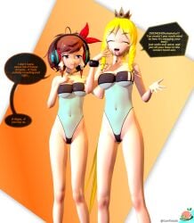 2girls 3d 3d_(artwork) alternate_version_available artemis_kuzaki_(cosmixlewds) barely_clothed breasts brown_hair cosmixlewds crown dialogue english_text female_only gradient_background gris_swimsuit headphones hi_res izumi_(cosmixlewds) koikatsu long_ponytail meme meme_clothing original_characters princess skin_tight smiling speech_bubble starling_heroes sweatdrop swimsuit thin_female yellow_hair