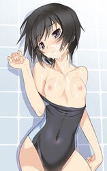 1girls amagami bare_shoulders black_hair blade_(galaxist) blue_eyes blush breasts collarbone competition_swimsuit cum cum_on_body cum_on_breasts cum_on_upper_body facial female nanasaki_ai nipples off_shoulder one-piece_swimsuit open_mouth short_hair solo swimsuit tear