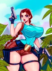 1girls backpack bag belt bimbo breasts brown_hair clothing female female_only firearm gun handgun huge_breasts human lara_croft lara_croft_(classic) legwear looking_at_viewer pale_skin solo theartofmathew thick_thighs thin_waist tomb_raider weapon wide_hips