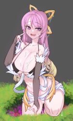 blush breasts bridal_gauntlets collarbone cosplay cum cum_on_body cum_on_breasts cum_on_pussy dosolfachord_coolia duel_monster elbow_gloves female gloves gransolfachord_coolia grass hand_in_hand_(vocaloid) hand_up highres large_breasts open_mouth purple_eyes purple_hair solo sweat tartarie traptrix_rafflesia traptrix_rafflesia_(cosplay) yu-gi-oh!